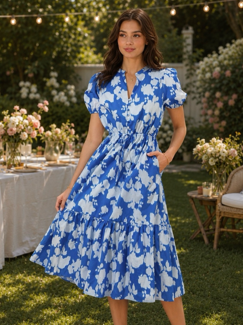 Sugarlips Grafton Puff Sleeve Floral Tie Waist Midi Dress Blue S